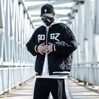 AOGZ Kış kapitone ceket Ceket Erkekler Hip Hop Streetwear Mektup Baskı Beyzbol Ceket Harajuku Rahat Ceket Dış Giyim Kalın Siyah