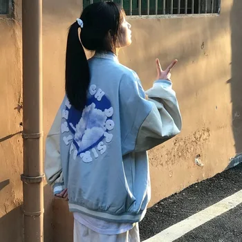 Kawaii tiki tarzı beyzbol üniforma mektup baskılı ceket kadın uzun kollu streetwear boy Harajuku giyim giysi