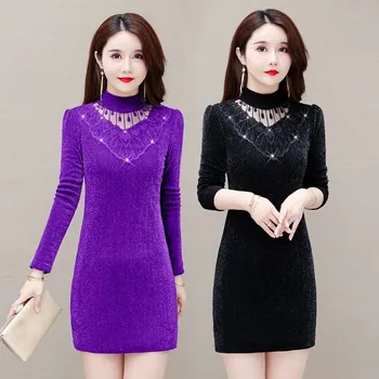 Yeni Sonbahar Kış Elbiseler Kadın Moda Zarif Kazak Tops Orta-Uzun Siyah Mor Dip Gömlek Kollu Kadife Sıcak Elbise
