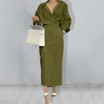 Retro Wrap V Boyun Dökümlü Parti Elbise Kadın Bahar Yüksek Bel Düz Kazaklar Elbise Sonbahar Uzun Kollu Katı Ofis Maxi Elbise