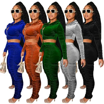 Moda Kapşonlu Kadife Eşofman 2 Parça Kıyafetler Setleri Kadınlar Uzun Kollu Kırpma Üst Sıska Fırfır Uzun Yığılmış Pantolon Sonbahar Kış