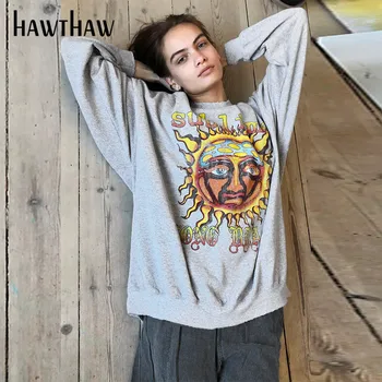 Hawthaw Kadın Sonbahar Uzun Kollu Baskılı Rahat T Shirt Hoodie Kazaklar 2021 Sonbahar Kadın Toptan Giyim Streetwear