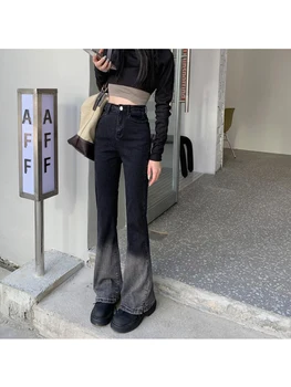 Siyah Gri kadın Kot Yüksek Bel Kore Streetwear Vintage Chic Casual Flare Pantolon Bayanlar Denim Geniş Bacak Pantolon Artı Boyutu