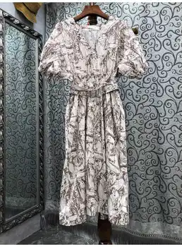 100 % Pamuklu yaz elbisesi 2022 Yüksek Kaliteli Tasarımcı Moda Kadın V Yaka Vintage Baskılar Fener Kollu Orta Buzağı rahat elbise Şık
