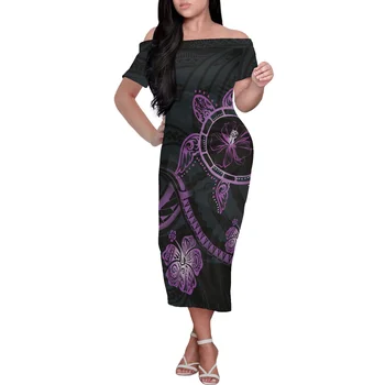 Samoa Kapalı Omuz Yaz Paket Kalça Etek Maxi Kapalı Omuz Elbiseler Polinezya Geleneksel Tribal Kaplumbağa Baskı Kadın Giyim