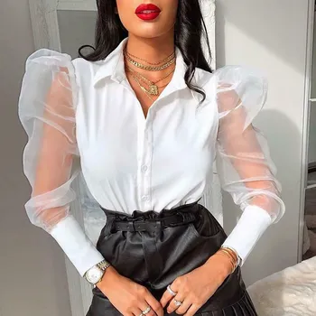 Moda Bahar Kadın Bluz Örgü Şeffaf Puf Kollu V Boyun Düğmesi Zarif Bluzlar Tops Bayanlar Gömlek Blusas Siyah Beyaz