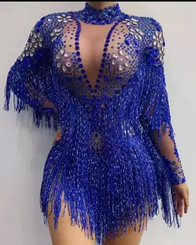Lüks Parlayan Büyük Kristaller Örgü Seksi Bodysuit Sparkly Doğum Günü Parti Gece Kulübü Kıyafet Şarkıcı Sahne Performansı dans kostümü