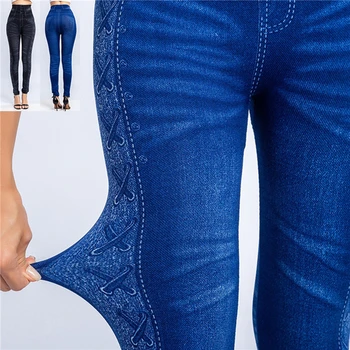 Kadınlar 2022 Taklit Sıkıntılı Denim Kot Tayt Rahat Yüksek Bel İnce Elastik kalem pantolon Spor Egzersiz Moda Legging