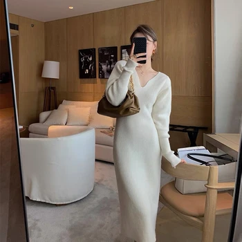 Bahar Uzun Örgü Elbise Kadın V Yaka Yüksek Bel Bodycon İnce Tasarımcı Elbiseler Zarif Vintage Uzun Kollu Ofis Bayan Elbise