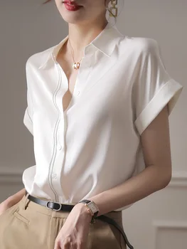 9536 Yaz Gömlek Kadın Zarif Moda Ofis Bayan Çok Yönlü Kısa Kollu Düğme Düz Renk Basit Kadın Yüksek Kaliteli Bluzlar
