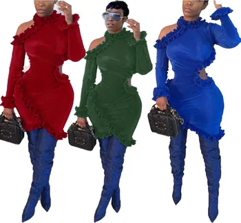 HM6150 kadın Seksi Elbise Bahar Sonbahar Zarif Akşam Elbise Düz Renk Uzun Kollu Hollow Out Mantarı Düzensiz Elbise Kadın