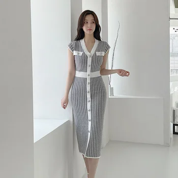 Yaz Yeni Kore Versiyonu Kontrast Renk V Yaka Bin Kuş Kontrol Örme Elbise Kısa Kollu Orta Ve Uzun Kalça mini etek