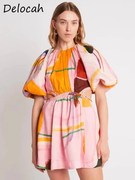 Delocah Yüksek Kalite Yaz Kadın Moda Tasarımcısı Parti Mini Elbise Fener Kısa Kollu Seksi Backless Colorblock Baskı Elbiseler