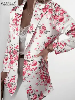 Rahat Gevşek Yaka Commute Blazer ZANZEA Moda Ofis Bayan Kadın Çiçek Baskı Düğmeleri Mont 2022 Sonbahar Bohemian Giyim