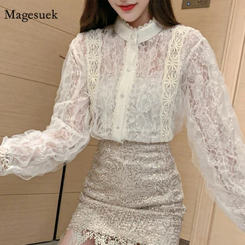 2021 Retro Saray Tarzı Romantik İnci Düğme Üst Kore Dantel Dikiş Gömlek Kadın Uzun Kollu Stand-yaka Kadın Bluz 12929