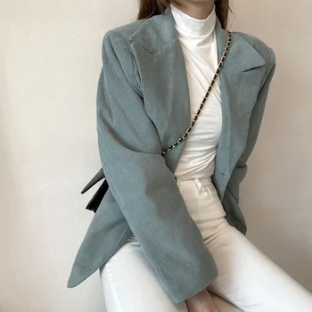Yeni Sonbahar 2021 kadın Blazers Kadife Çentikli Uzun Blazer Kadın Kore Şık Tarzı Yeşil Tam Kollu Elbise Kadın