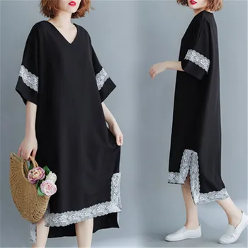 vintage Ekstra büyük Kadın Elbise 2020 Yaz Yeni kadın Giyim Rahat Femmes Kısa Kollu Siyah yaz elbisesi Kadın