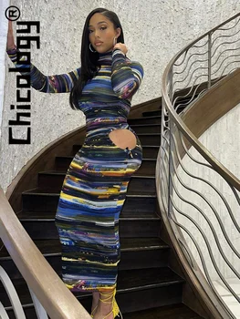 Chicology Şerit Baskı Hollow Out Uzun Kollu Bodycon Maxi Elbise Seksi Parti Kulübü Streetwear Casual Sonbahar 2022 Kadın Giyim