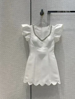 2023 Mini Elbise Beyaz Elmas Yaz Tatlı Mizaç Yüksek Belli Kısa Kollu Elbise V Yaka A-line Kısa Elbise kadınlar için
