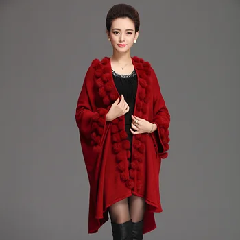 #1173 Örme Asimetrik Pelerinler Kadın Kürk Topu Gevşek Hırka Kimono Pelerin Palto Bayanlar Kabanlar Uzun Şal Sıcak Düz Renk