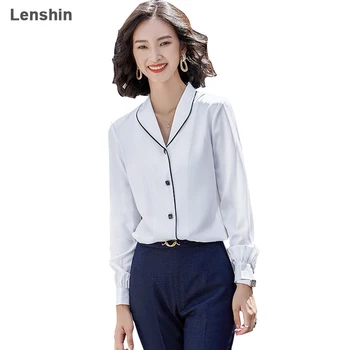 Lenshin Turn-aşağı Yaka Gömlek Kadınlar ıçin Yüksek Kaliteli Bluz Biding Iş Elbisesi Ofis Bayan Kadın Üstleri Chemise Gevşek tarzı