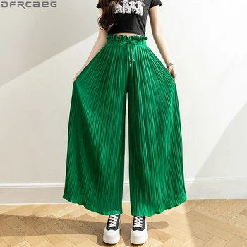 Yeni Gevşek Geniş Bacak yazlık pantolonlar Kadın Y2K Moda Streetwear Elastik Yüksek Bel Culottes Pantolon Dantel-up Şifon Pilili Pantolon