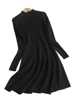 Zarif Siyah Yarım Yüksek Yaka Örme Elbise Sonbahar Kış Örme Kuşaklı Hepburn Tarzı Kadın A-Line Yumuşak Elbiseler