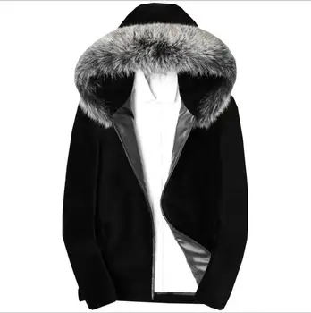 Yeni S / 6Xl Erkekler Kış Sonbahar Kapşonlu Kürk Ceketler Casual Faux Fox Kürk Yaka Siyah Rahat Insan Yapımı Kürk Yıpratır Sıcak Giysiler K1210