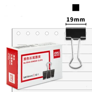 12 adet / kutu Deli 9545 Küçük Katlanır klasör klipsleri Kağıt Mini Uzun Kuyruk Klipleri Siyah 19mm