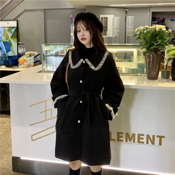 Sonbahar Siyah Trençkot Kadın Palto Modası Koleji Harajuku Uzun Giyim Ceket Gevşek ruffles Cep Kadın Rüzgarlık