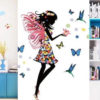 Kelebekler Çiçek Peri duvar çıkartmaları Kız Odaları için yatak odası dekoru DIY Duvar Çıkartmaları Karikatür Duvar Sanatı PVC Posterler