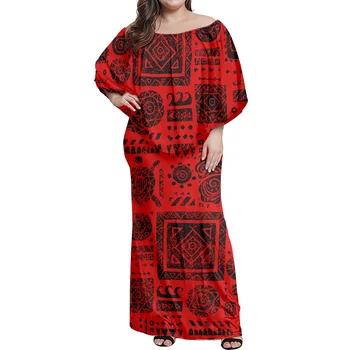 Zarif Kadın Artı Boyutu Akşam Elbise Yaz Off-The-Omuz Seksi Uzun Etek Samoa Tribal Kırmızı Baskı Vintage Desen Elbise