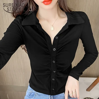 Yeni Ofis Bayan Moda Dip Gömlek Pilili Pamuk Kadın Bluz Düğme Sonbahar Gömlek Uzun Kollu Giyim Tops 17369