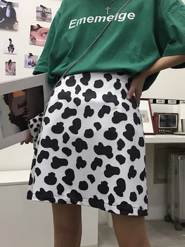 HOUZHOU Harajuku İnek Baskı Etek Kadın Kore Moda Elastik Yüksek Bel A-Line Mini Etekler Estetik Egirl Streetwear Yaz