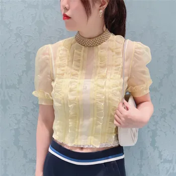 Pembe Tatlı Yuvarlak Boyun Puf Kollu Şifon Sevimli Gömlek Tasarımcısı Yaz Yeni Pilili Kısa Gömlek Üst Kadın Bluz üst Giysi 2021