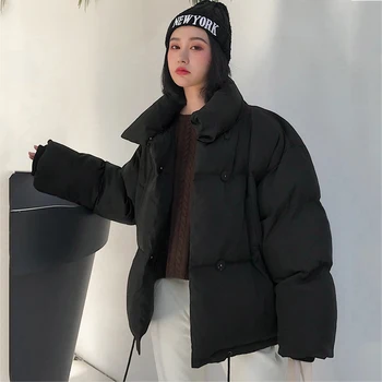 Kore Tarzı Standı Yaka Kış Ceket Kadınlar Göğüslü Düğmeler Kış Ceket Kadınlar için Kısa Siyah balon ceket Parka Kadın