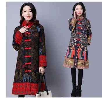Ulusal Tarzı çiçek Plaka Düğmesi Pamuk dolgulu giysiler Kadın 2020 Yeni Kış Ceket Keten Parker Uzun Giyim Kadın
