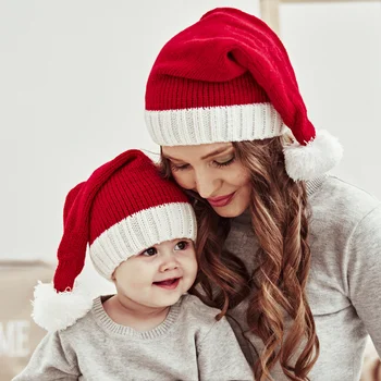 Noel Ebeveyn-Çocuk Şapka Sevimli Ponpon Çocuklar Kız Erkek Bere Kap Düz Renk Sıcak Tığ Anne Bebek Kaput Şapka Çocuklar için THG