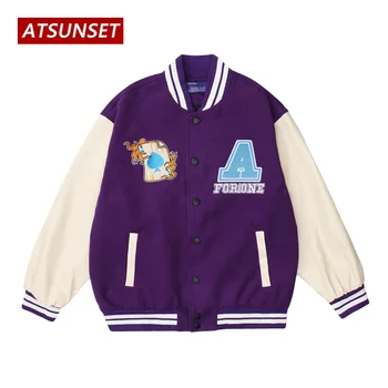 ATSUNSET Palyaço Nakış Hip Hop Beyzbol Ceket Harajuku Retro kolej ceketi Streetwear Moda pamuklu ceket Ceket Tops