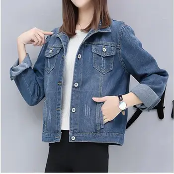2018 yeni Bahar Kore Moda Kadın Kot Ceket Denim Ceketler Kpop Kot Ceket Gevşek Artı Boyutu 5XL Uzun Kollu Yırtık ceketler