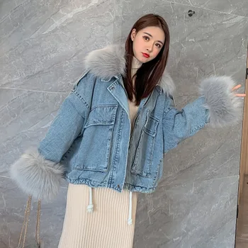 2020 kadife kalın denim ceket kadın kış büyük faux kürk yaka Kore denim ceket kadın öğrenci kısa ceket