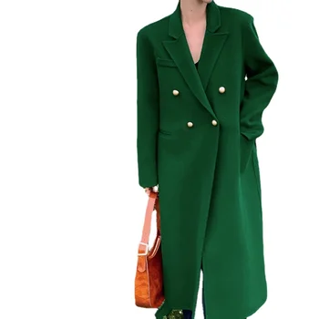 100 % Yün Ceket Kadın Sonbahar Vintage Moda Ceket Kadın Kalın Yeşil Uzun Zarif Palto Kış Kadın Giysileri Veste Femme WPY