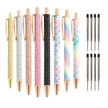 8 Adet Glitter Tükenmez Kalemler Gül Altın Tıklayın Tükenmez Kalem Metal Glitter Kalem Geri Çekilebilir Siyah Mürekkep Orta Noktası Kalemler