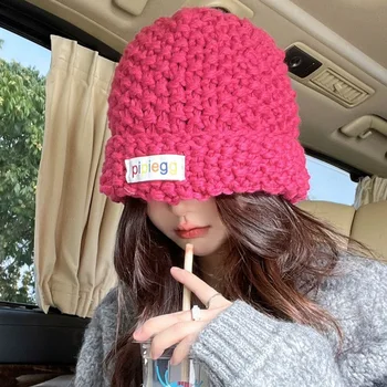 Sıcak Sonbahar Kış Bayan Şapka Kore Versiyonu Tığ Büyük Baş Yün Kış Bere Örgü Açık Kalın Yün Kap Fabrika Doğrudan