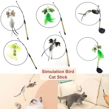 Renkli Oyun Simülasyon Kuş Pet Malzemeleri Sopa Oyuncak Tel Chaser Değnek Teaser Tüy Kedi Yavru Oyuncaklar