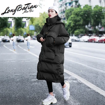 Kış Ceket Kadınlar Kalın Sıcak Ekmek Kapşonlu Parkas Mujer Gevşek Casual Katı Uzun Pamuk Yastıklı Giyim Ceket Kadın Streetwear