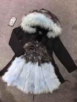 2017 Yeni Varış Siyah uzun parka nedensel kış giyim, şerit tilki mix skyle mavi tilki kürk parka mr mrs giymek